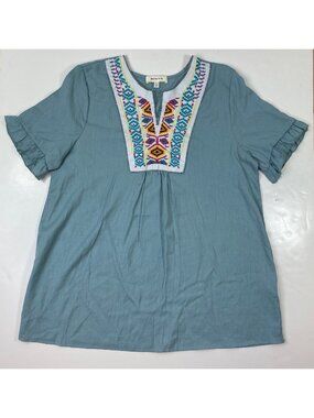Hailey & Co. Womens Tunic Top Blue Embroidered Ruffle Sleeves Size Small